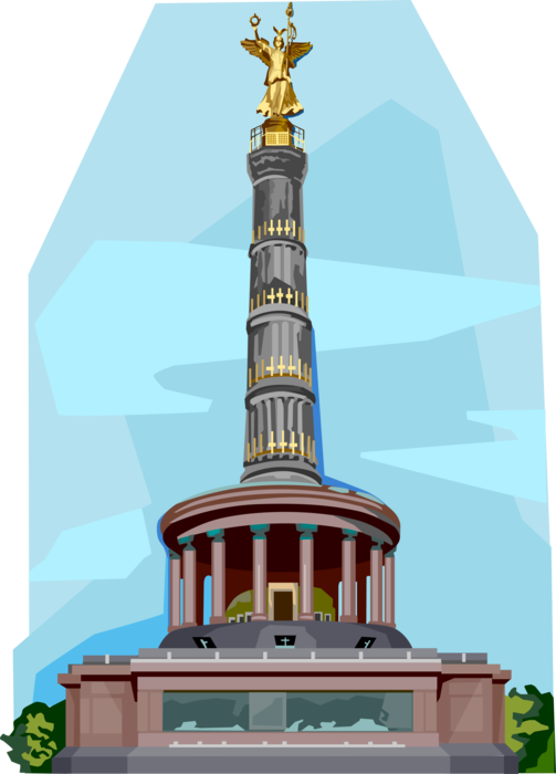 Vector Illustration of Siegessäule Goldelse Victory Column Monument with Winged Statue of Victoria, Berlin, Germany
