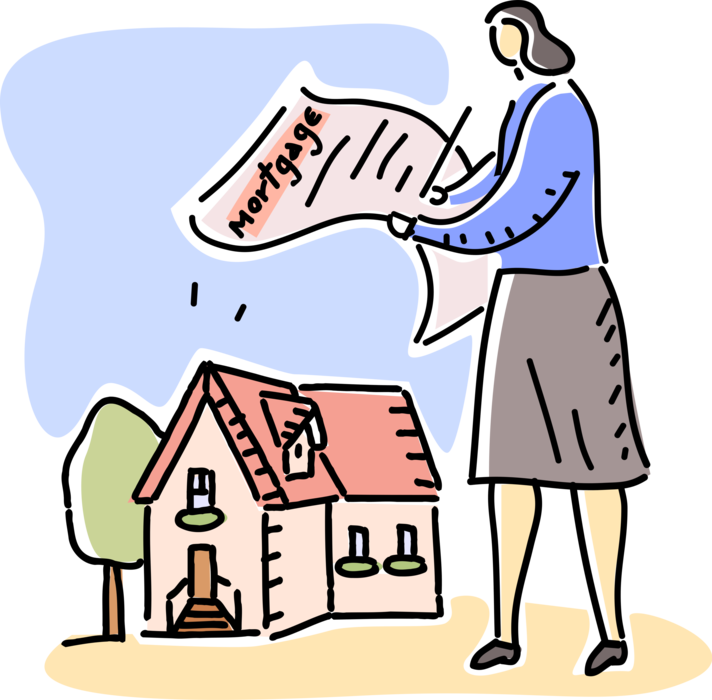 Vector Illustration of New Homeowner Businesswoman Secures Bank Mortgage Loans for Real Estate Home Residence Purchase