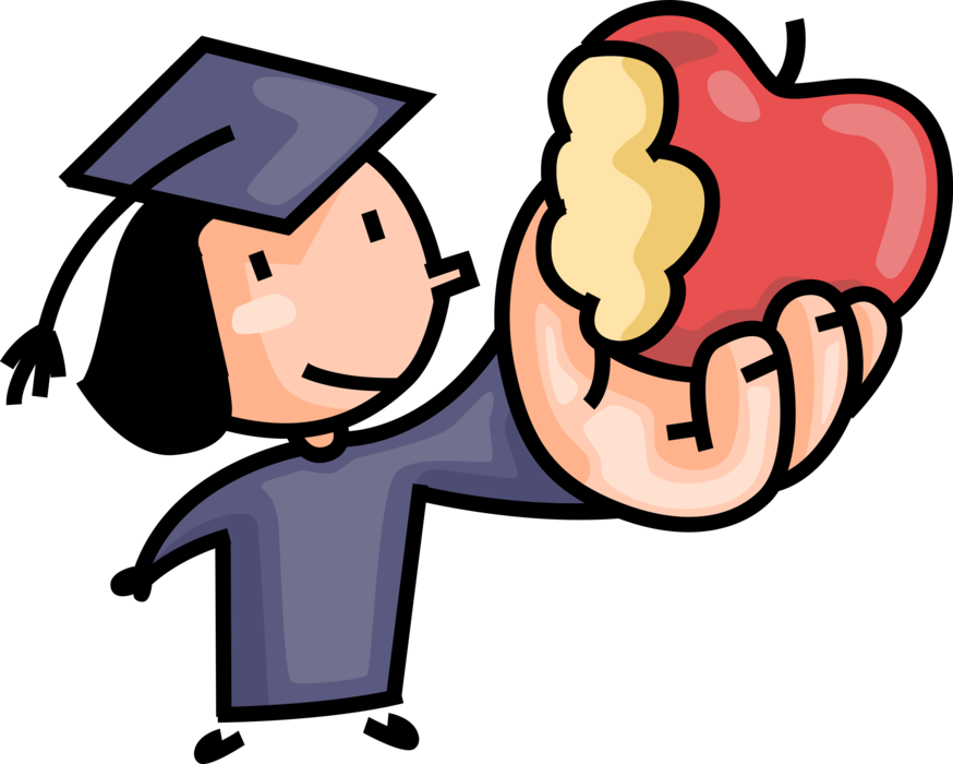 Vector Illustration of High School, College, or University Graduate Takes Bite Out of Apple Fruit Symbol of Knowledge and Learning