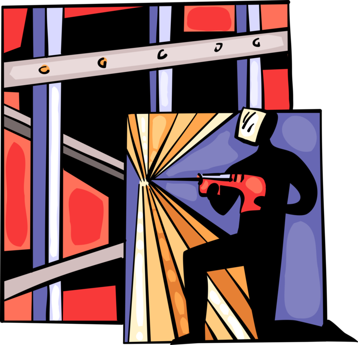Vector Illustration of Construction Worker Welder Welds Steel Girders at Building Site