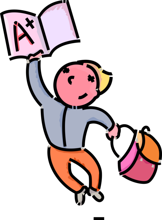 Vector Illustration of Primary or Elementary School Student Jumps for Joy Celebrating Report Card A+ Grade