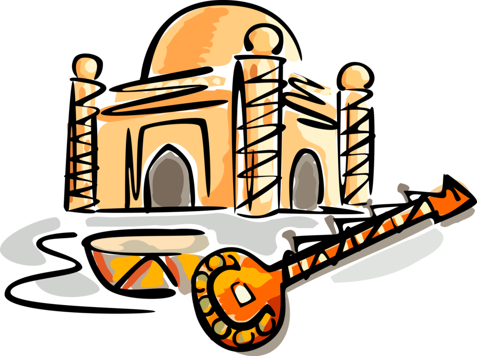 Vector Illustration of India Hindu Temple with Sitar Plucked Stringed Instrument used in Hindustani and Classical Indian Music