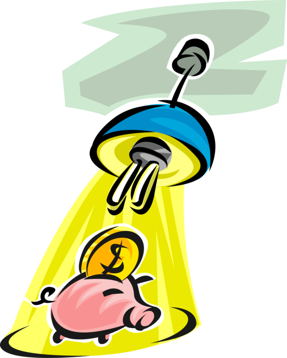 Vector Illustration of Energy Efficient Electric Light Provides Cost Savings with Piggy Bank Cash Money