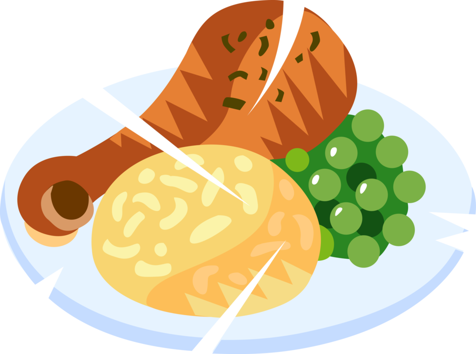 Vector Illustration of Domesticated Fowl Fried Chicken Dinner Supper Meal with Mashed Potatoes and Peas