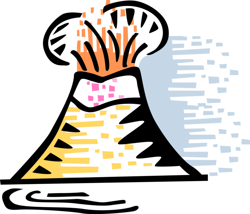 Vector Illustration of Earth's Active Erupting Volcanoes Eject Hot Lava, Volcanic Ash, Gas During Eruption