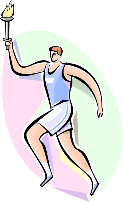 Vector Illustration of Olympian Competitor Champion Runs with Olympic Torch Flame