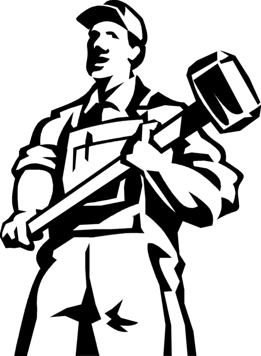 Vector Illustration of Construction Worker Holds Sledgehammer on Job Site