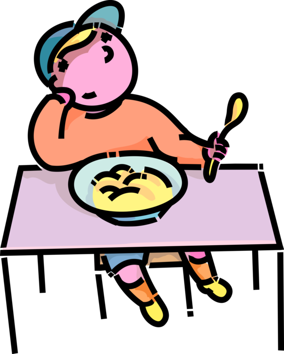 Vector Illustration of Primary or Elementary School Student Boy Fed Up with Same Old Slop to Eat for Dinner Supper