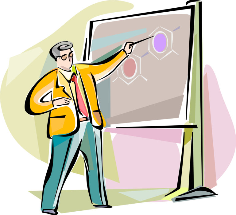 Vector Illustration of Professor Teacher Teaching in School Classroom at Blackboard Chalkboard