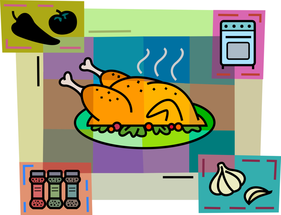 Vector Illustration of Poultry Roast Turkey with Condiment Spices, Garlic Clove, Stove Range Oven, Pepper and Tomato