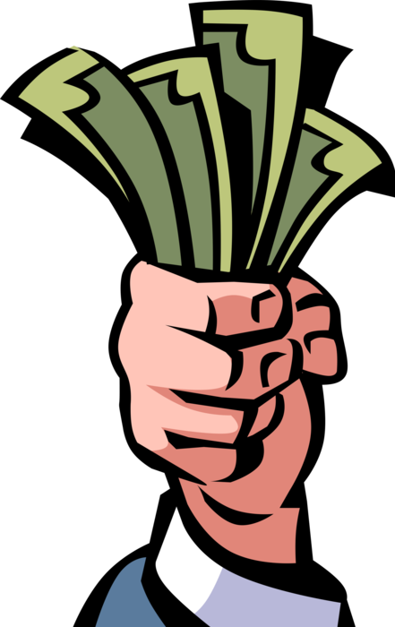 Vector Illustration of Hand with Fistful of Cash Dollar Bill Paper Money Monetary Currency of the United States