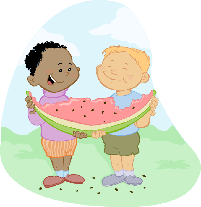 Vector Illustration of Children Eating and Enjoying Watermelon Fruit