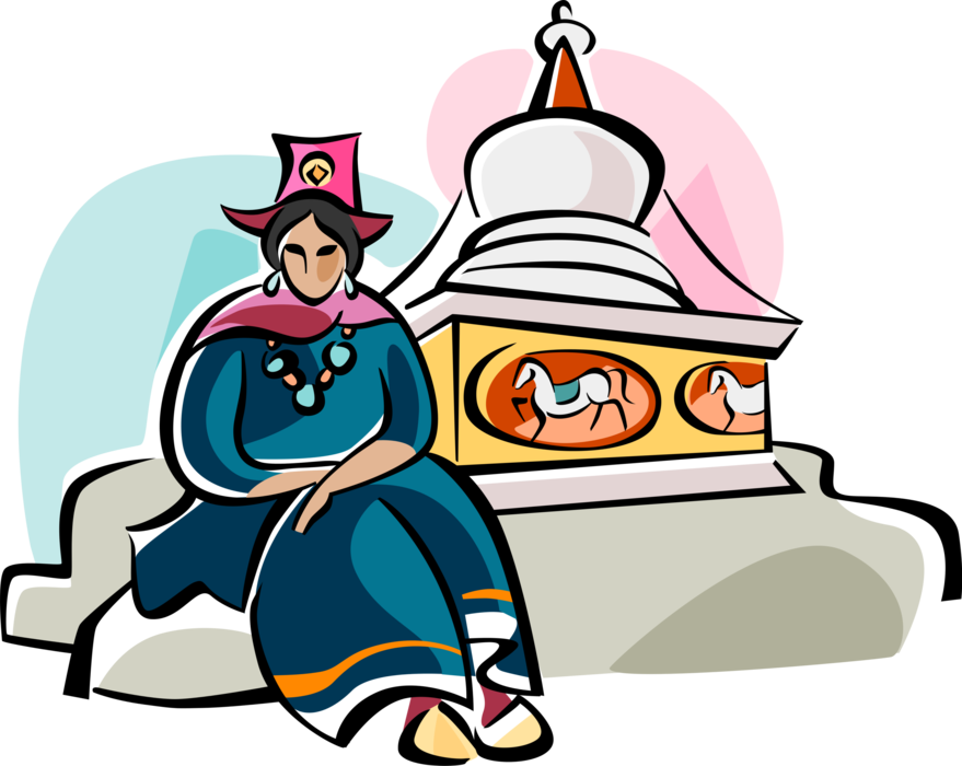 Vector Illustration of Ladakhi Woman in Traditional Dress, Northern India Jammu and Kashmir