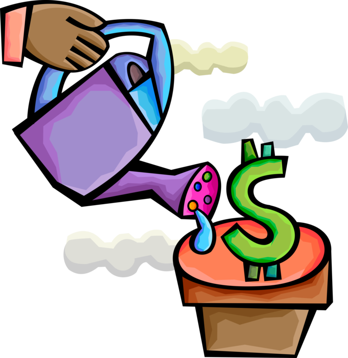 Vector Illustration of Hand Waters Money Plant with Watering Can to Grow and Expand Business Profits