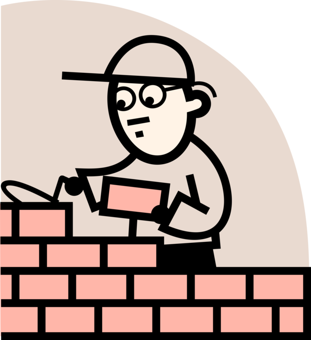 Vector Illustration of Bricklayer Mason Constructs Masonry Brick Wall with Trowel, Cement at Construction Site