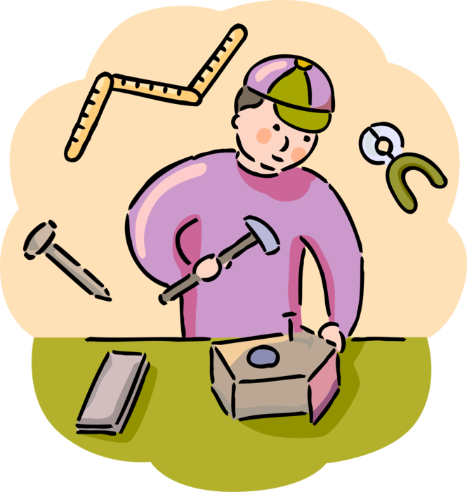 Vector Illustration of High School Student in Wood Working Carpentry Class Builds Birdhouse with Hammer and Nails