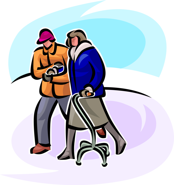 Vector Illustration of Couple Walks in Winter Cold with Walker or Walking Frame for Elderly People Needing Balance