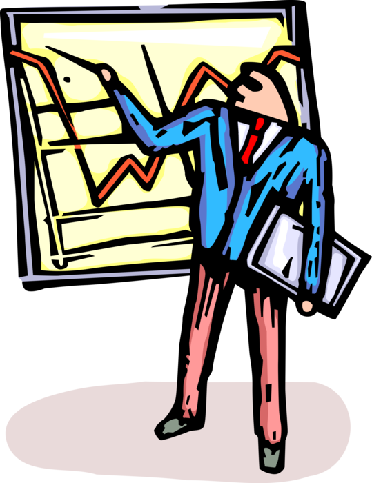 Vector Illustration of Business Presentation Boardroom Presenter Analyzes and Discusses Data Chart