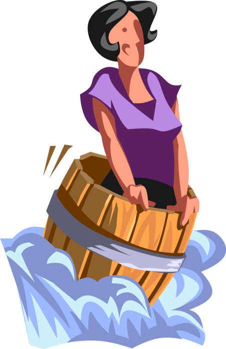 Vector Illustration of Daredevil Risk-Taking Businesswoman Fool Goes Over Niagara Falls in Barrel