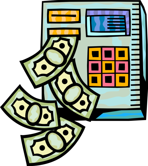 Vector Illustration of Bank Automated Teller Machine ATM Dispenses Cash Money Dollars