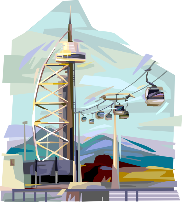 Vector Illustration of 1998 Lisbon World Exposition Expo 98 Tower with Gondola, Portugal 