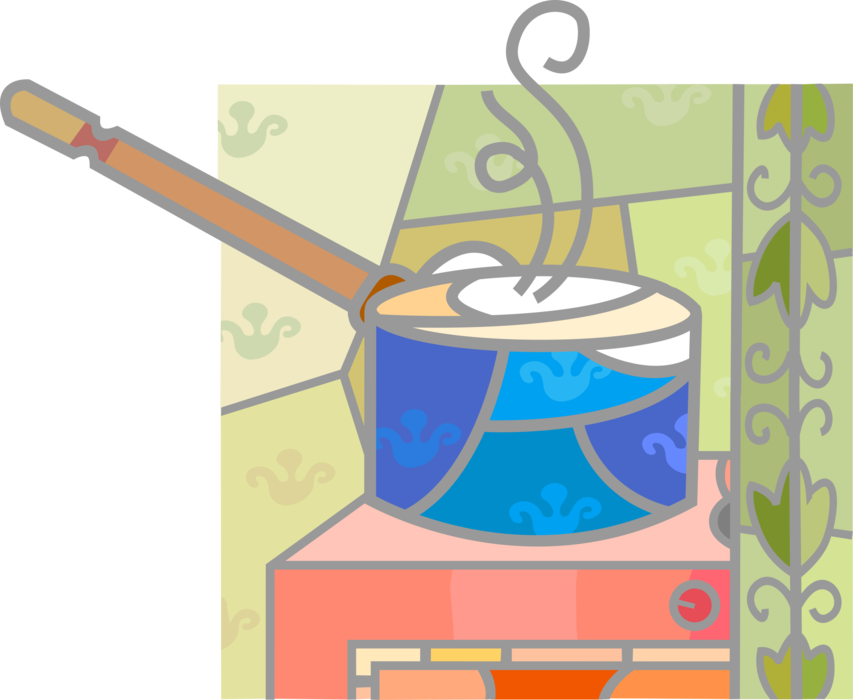 Vector Illustration of Cooking Pot on Kitchen Stove with Floral Ceramic Tiles