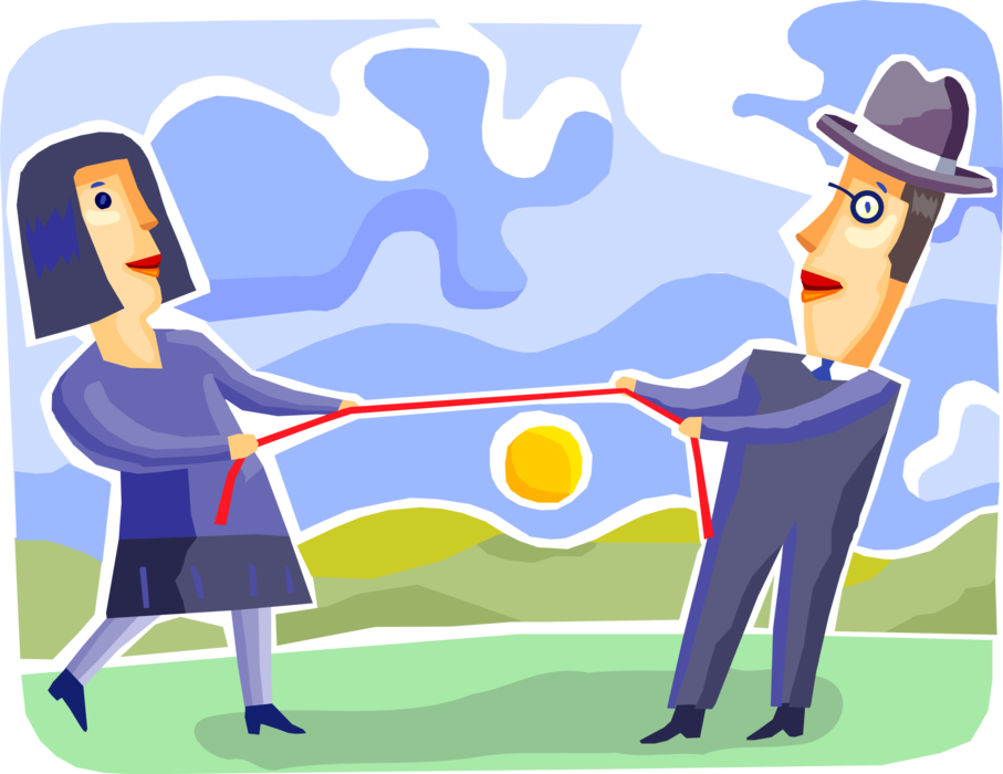 Vector Illustration of Business Colleague Competitors in Unequal Unbalanced Tug of War Tug o' War Competition with Rope