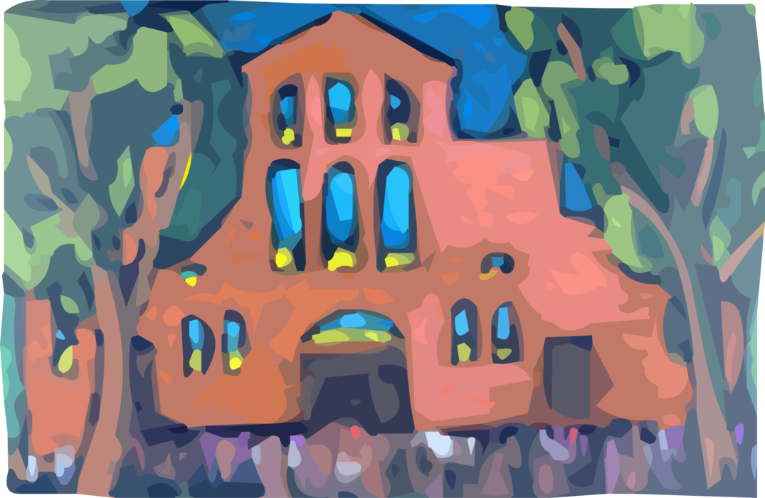Vector Illustration of Christian Religion Church House of Worship with Stained Glass Windows