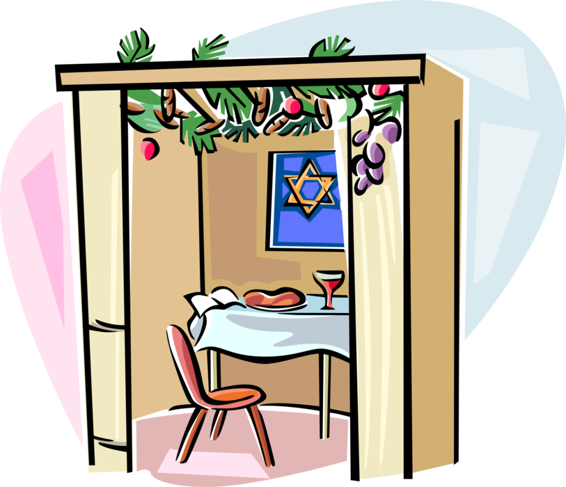 Vector Illustration of Sukkot Dinner in the Sukkah Temporary Harvest Hut for Week-Long Feast of Tabernacles