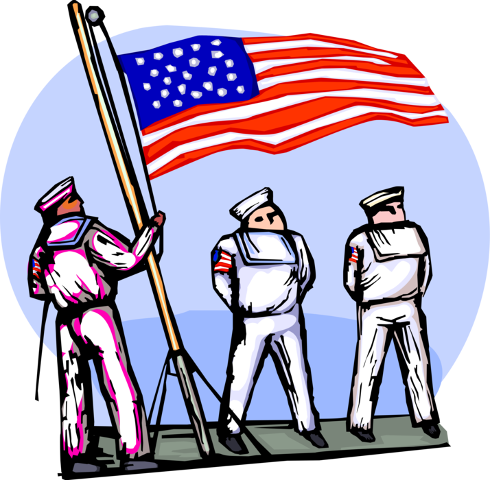 Vector Illustration of American Naval Sailors Raise American Flag on Navy Vessel Ship