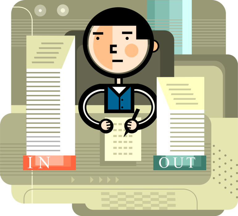 Vector Illustration of Businessman Works on Paperwork at Office Desk with In and Out Boxes