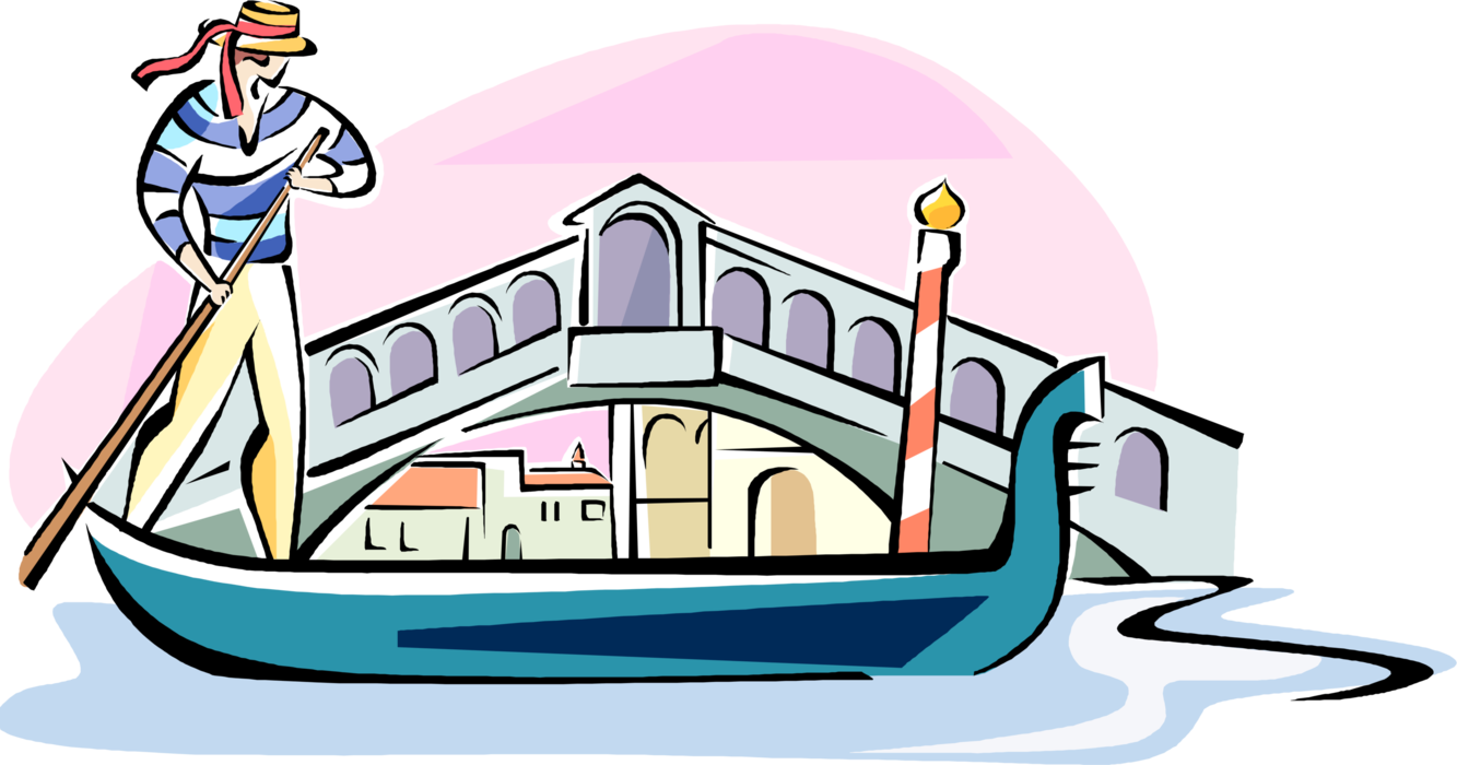 Vector Illustration of Man in Gondola Passing the Rialto Bridge, Venice, Italy