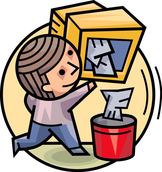 Vector Illustration of Man Empties Junk Mail Electronic Email Correspondence in Trash Can Garbage