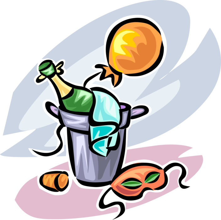 Vector Illustration of Champagne in Ice Bucket with Balloon and Party Mask for New Year's Eve Celebration