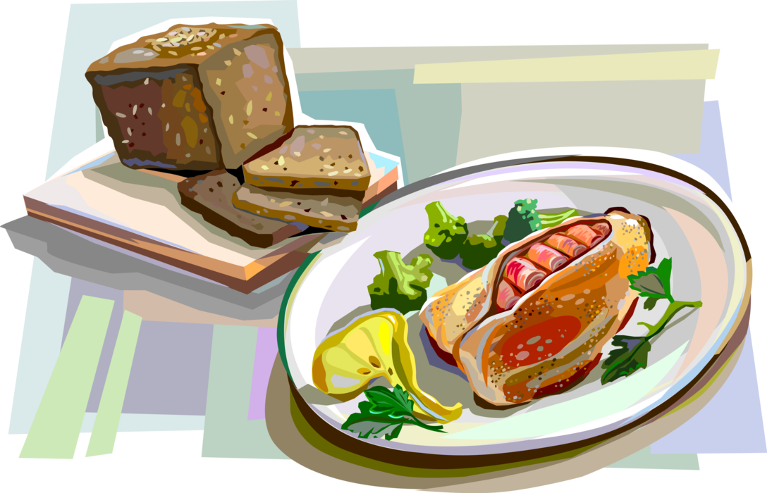 Vector Illustration of Danish Cuisine Fish Dinner with Rye Bread Loaf