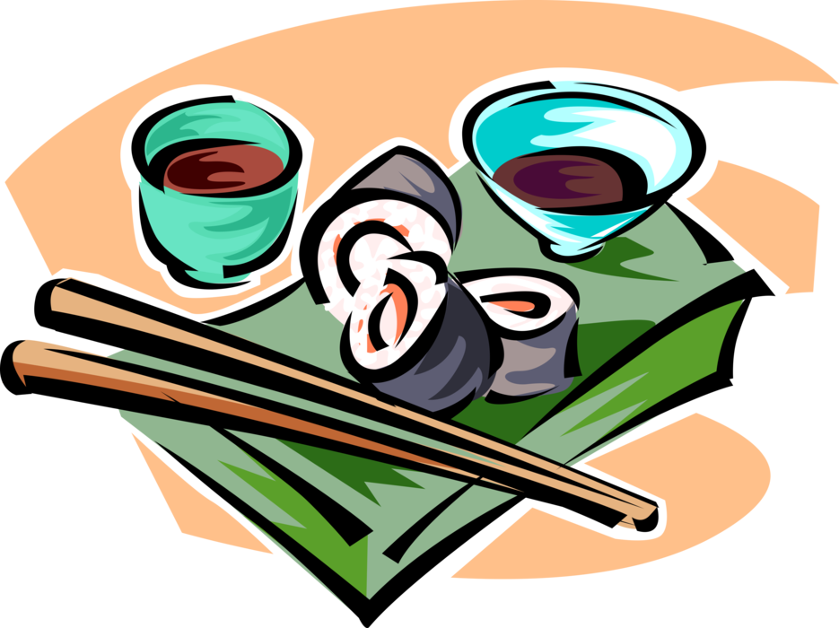 Vector Illustration of Japanese Vinegared Rice Sushi with Soy Sauce and Chopsticks
