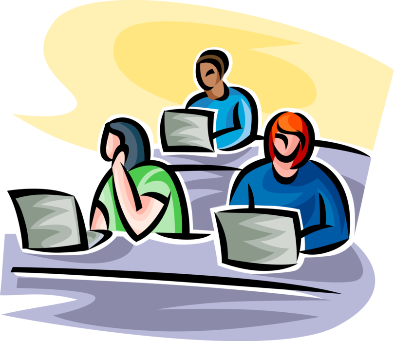 Vector Illustration of Students in Classroom Lecture Take Notes with Computers