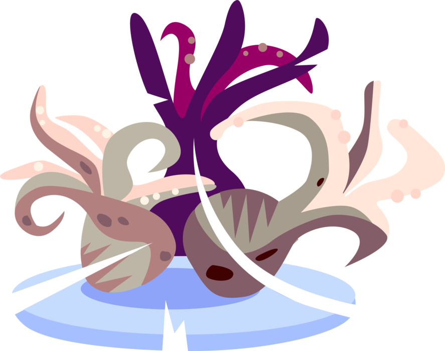 Vector Illustration of Japanese Asian Cuisine Octopus Fresh Raw Sashimi on Serving Plate