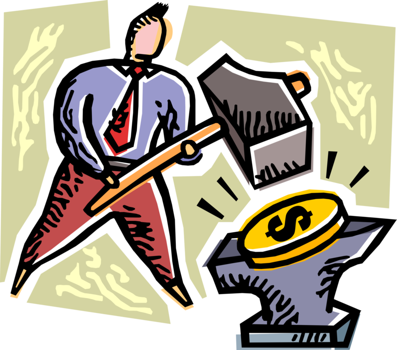 Vector Illustration of Businessman Blacksmith Hammers Financial Cash Money Coin on Anvil