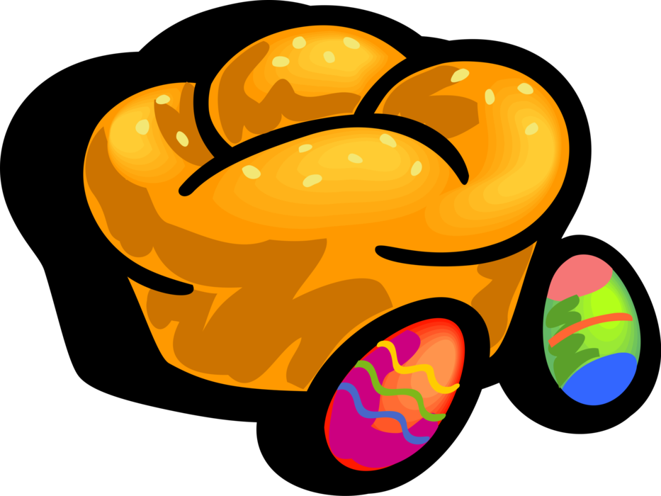 Vector Illustration of Easter Bread Loaf and Decorated Colored Pascha Eggs Celebrate Resurrection of Jesus Christ