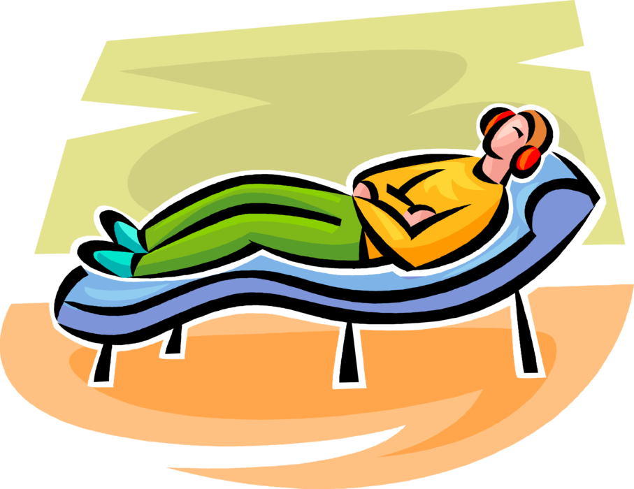 Vector Illustration of Relaxing on Reclining Couch Furniture Listening to Music with Headphones