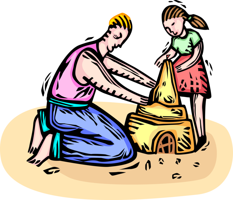 Vector Illustration of Father and Daughter Build Sandcastle on Beach