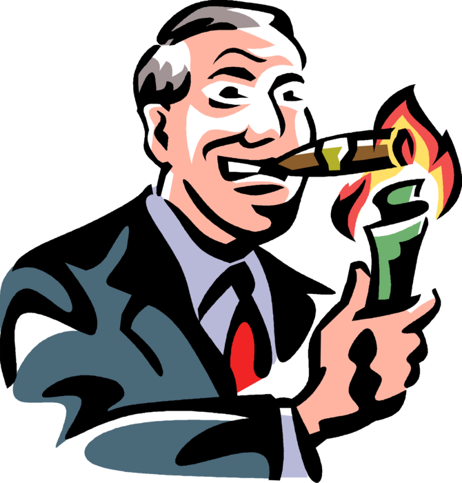 Vector Illustration of Fat Cat Successful Businessman Lights Cigar with Cash Money Dollar Bills