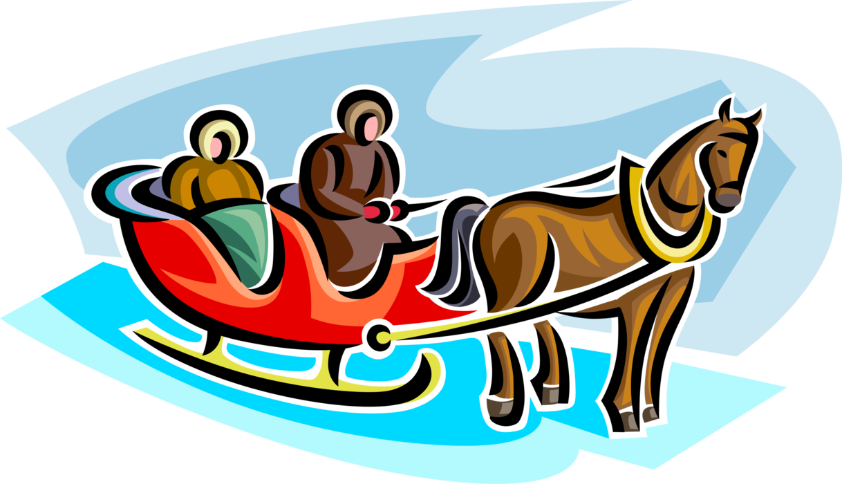 Vector Illustration of Horse-Drawn Winter Sleigh Glides on Snow and Ice with Equestrian Horse