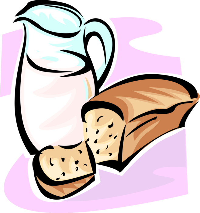 Vector Illustration of Pitcher Jug of Fresh Dairy Milk and Baked Bread