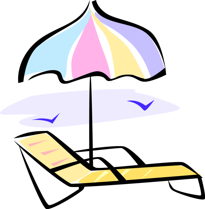 Vector Illustration of Beach Chair and Sun Shade Umbrella at Seashore