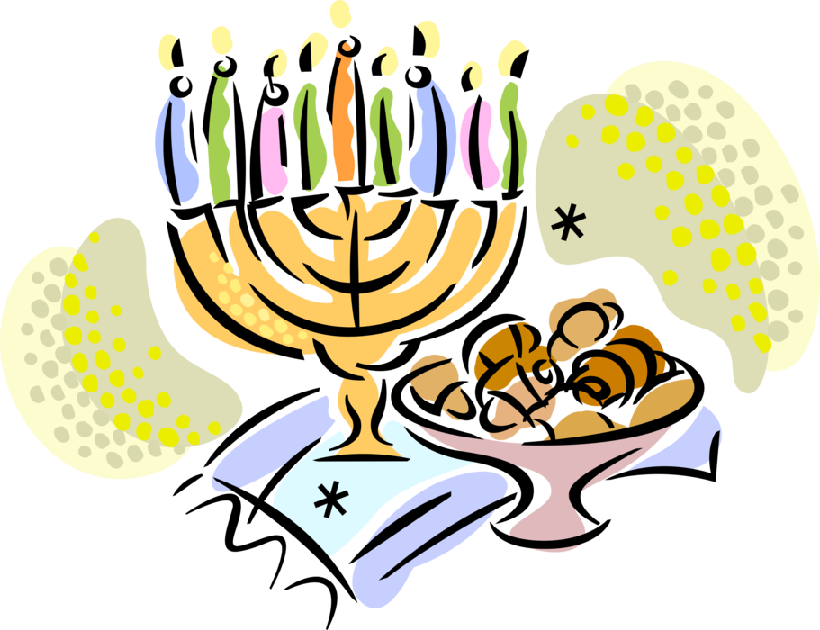 Vector Illustration of Jewish Chanukah Hanukkah Menorah Lampstand Nine Candles Candelabrum with Baked Rugelach and Prayer Shawl