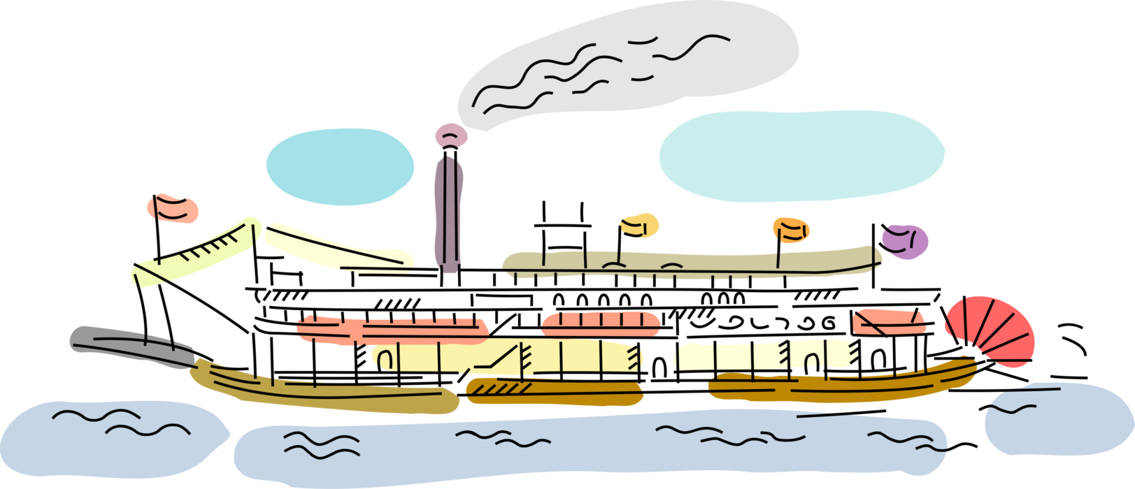 Vector Illustration of Southern Mississippi Riverboat Paddle Wheeler or Paddle Boat Watercraft Vessel
