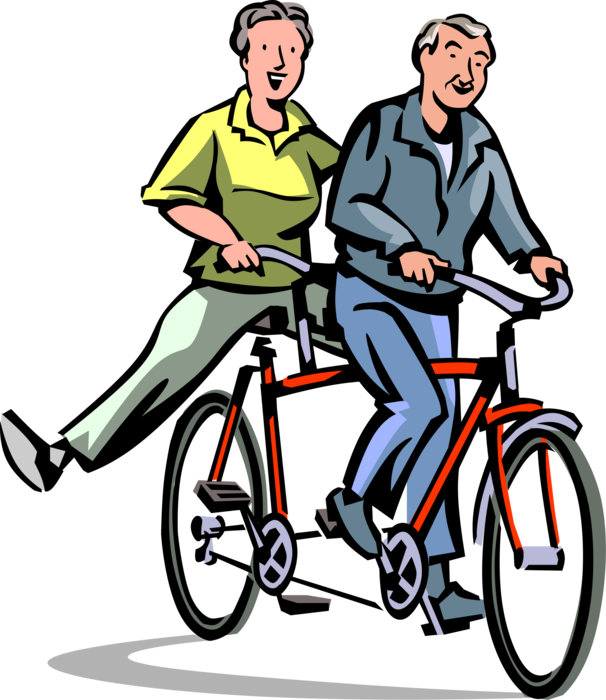 Vector Illustration of Retired Elderly Senior Citizen Couple Cyclists Ride Tandem Bike Outdoors