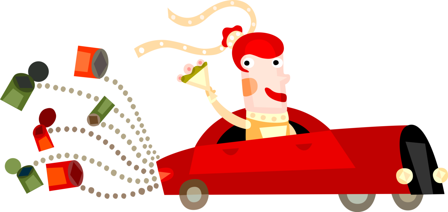Vector Illustration of Bride Waves Goodbye and Drives Away in Honeymoon Car on Wedding Day After Marriage Ceremony